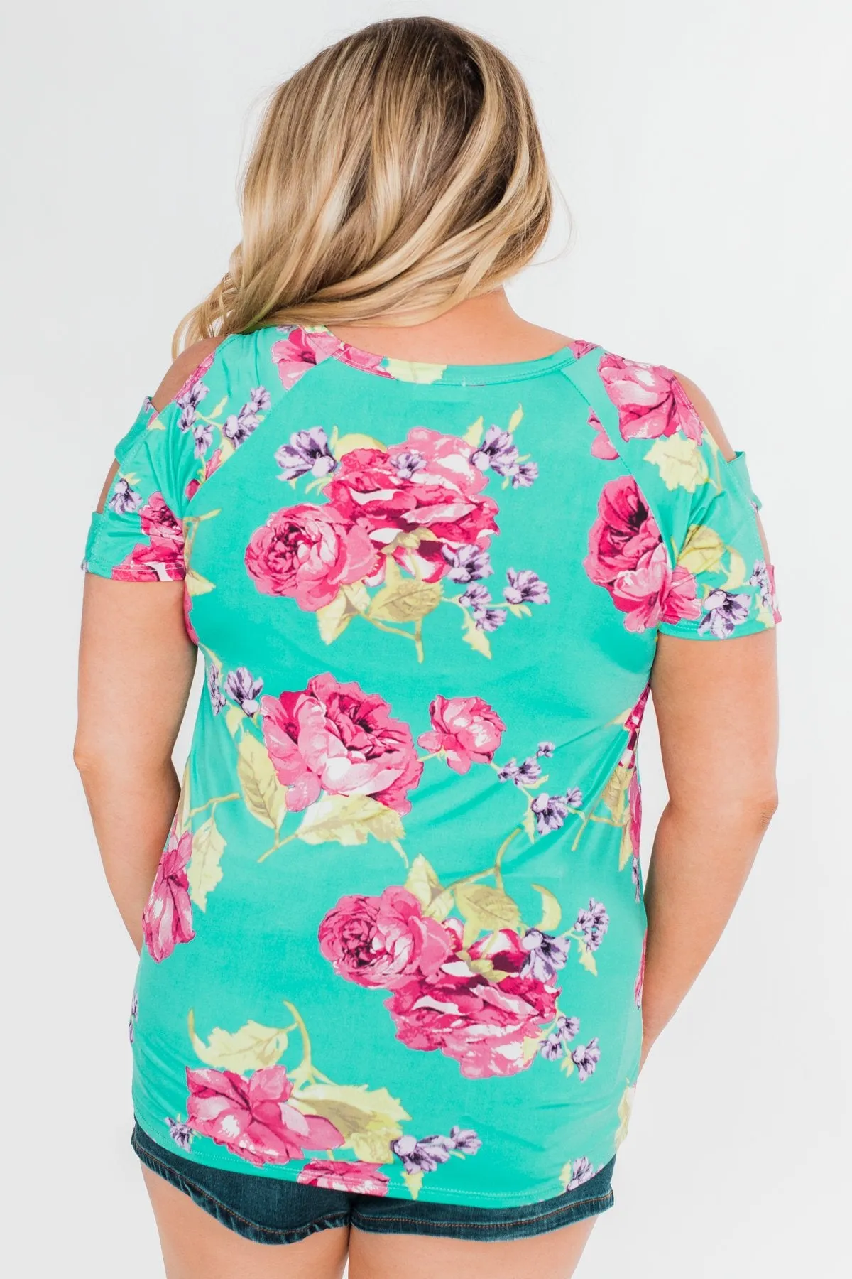 Under The Sun Cold Shoulder Floral Top- Light Teal