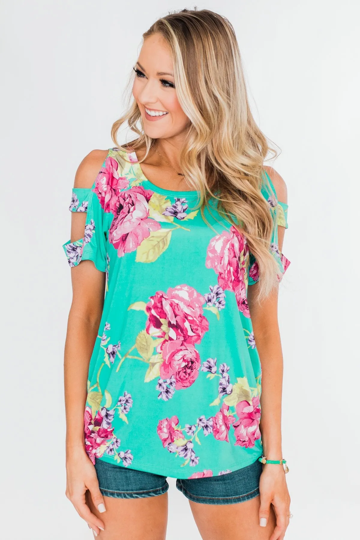 Under The Sun Cold Shoulder Floral Top- Light Teal