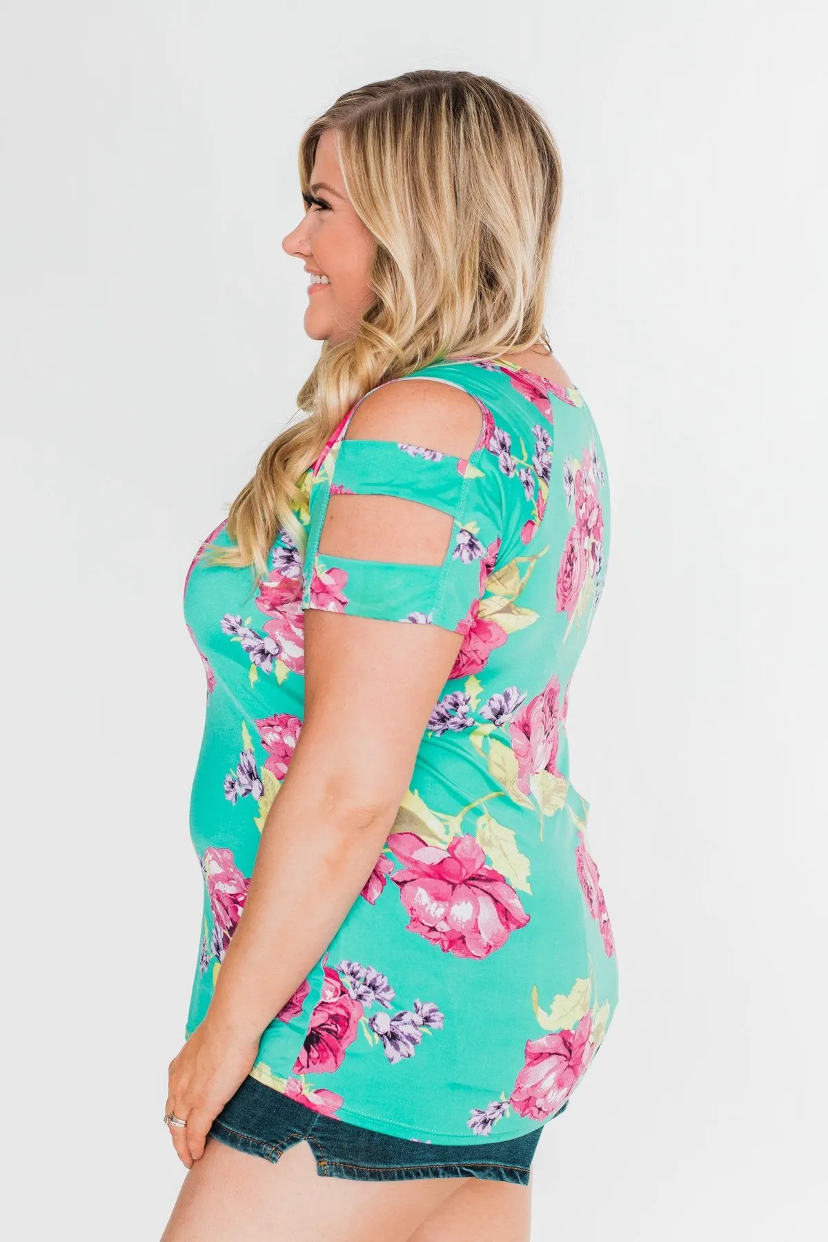 Under The Sun Cold Shoulder Floral Top- Light Teal