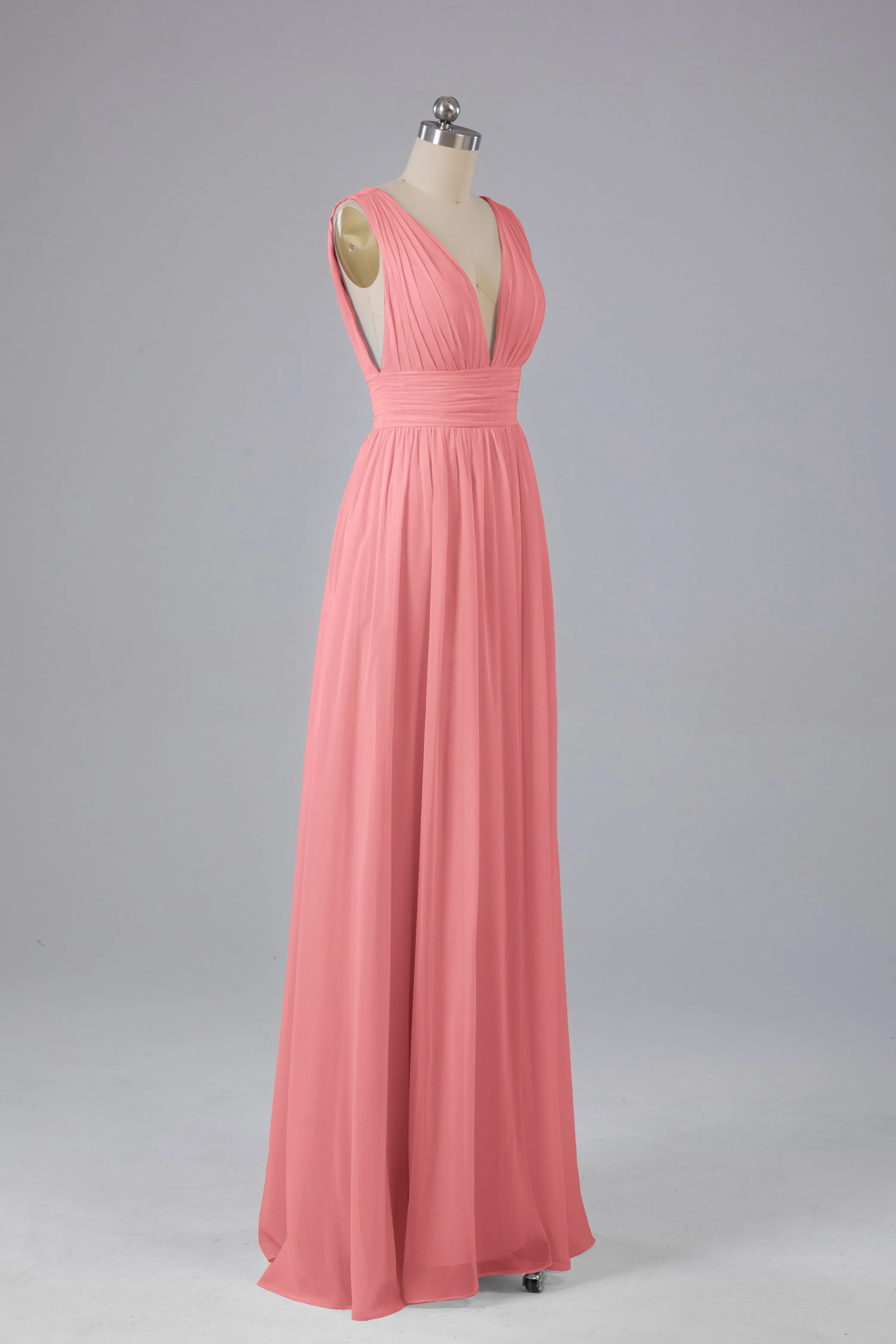 V Neck Chiffon Long Bridesmaid Dresses with Split