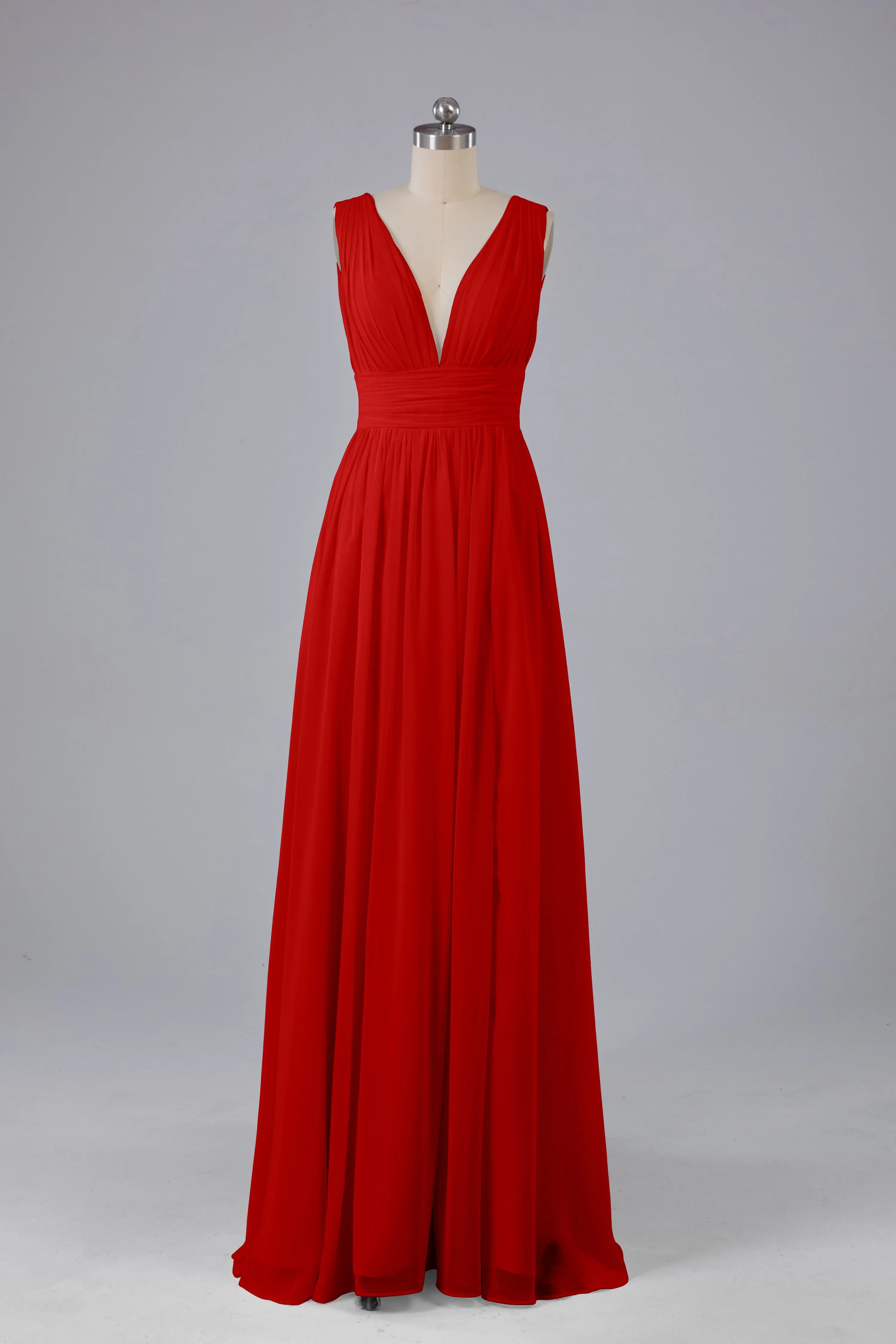 V Neck Chiffon Long Bridesmaid Dresses with Split