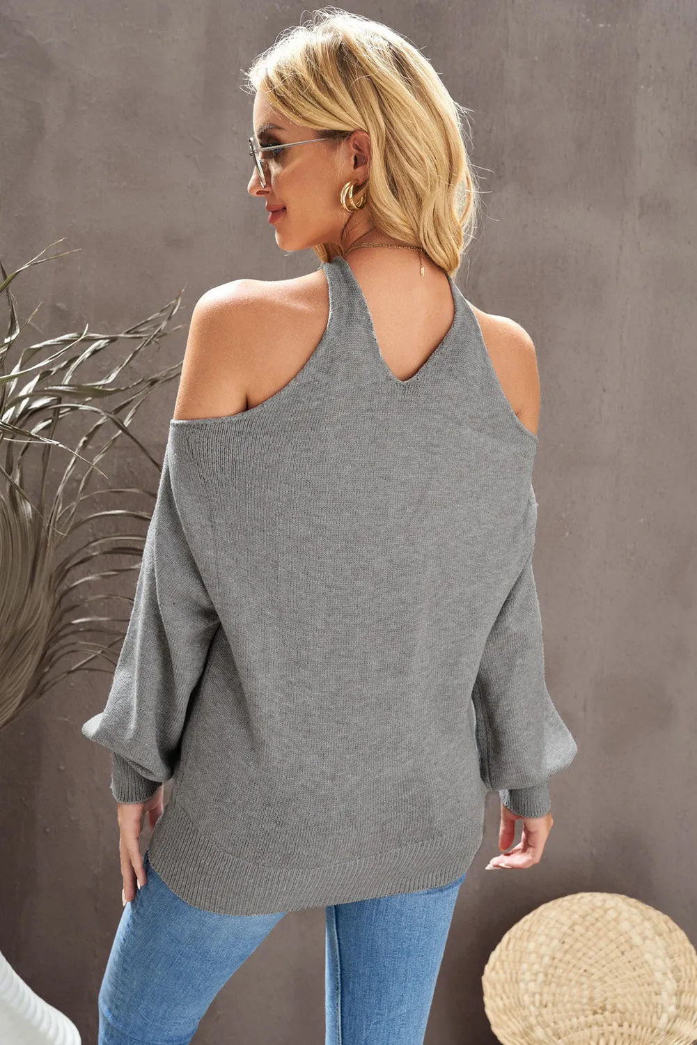 V Neck Cold Shoulder Sweater