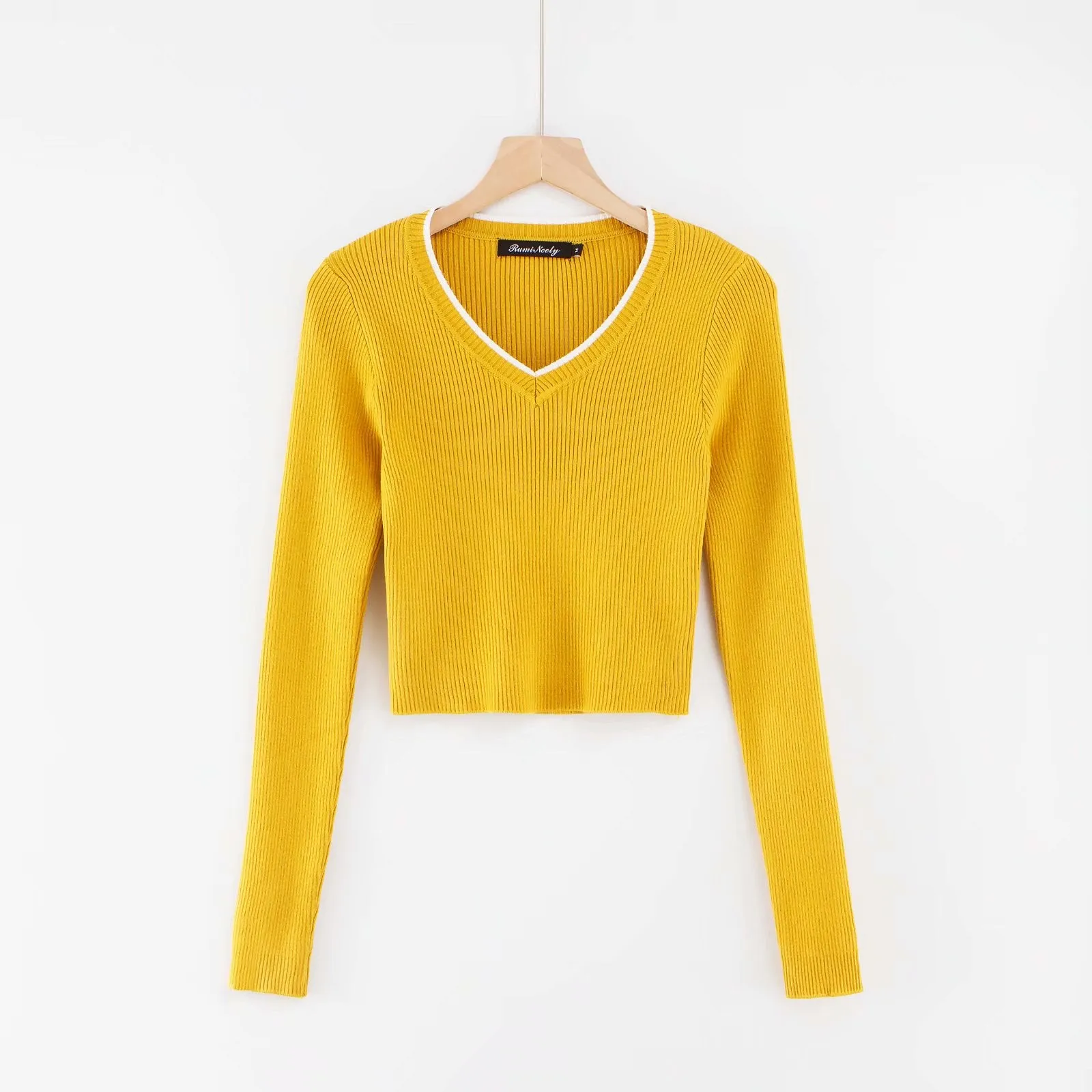 V-Neck Knitted Crop Top with Long Sleeves