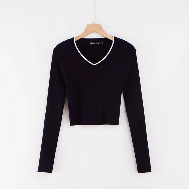V-Neck Knitted Crop Top with Long Sleeves