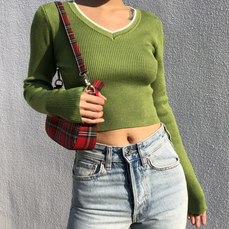 V-Neck Knitted Crop Top with Long Sleeves