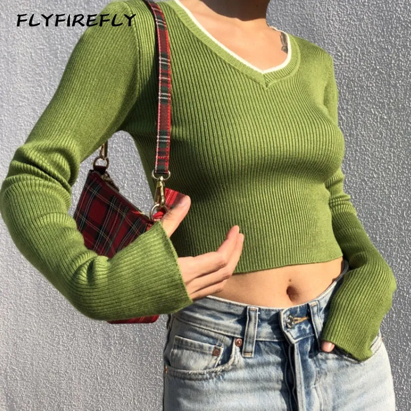 V-Neck Knitted Crop Top with Long Sleeves