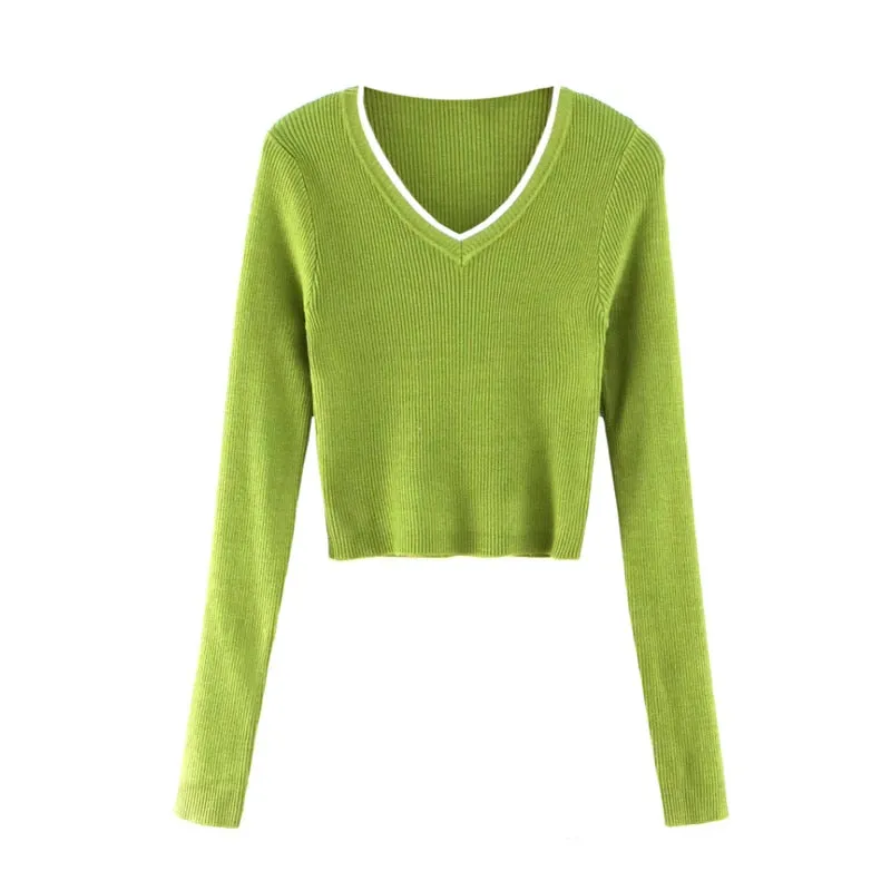 V-Neck Knitted Crop Top with Long Sleeves
