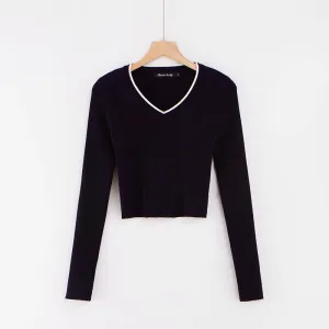 V-Neck Knitted Crop Top with Long Sleeves