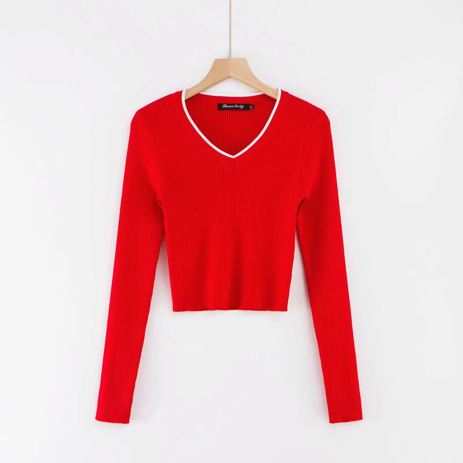 V-Neck Knitted Crop Top with Long Sleeves