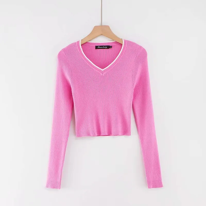V-Neck Knitted Crop Top with Long Sleeves