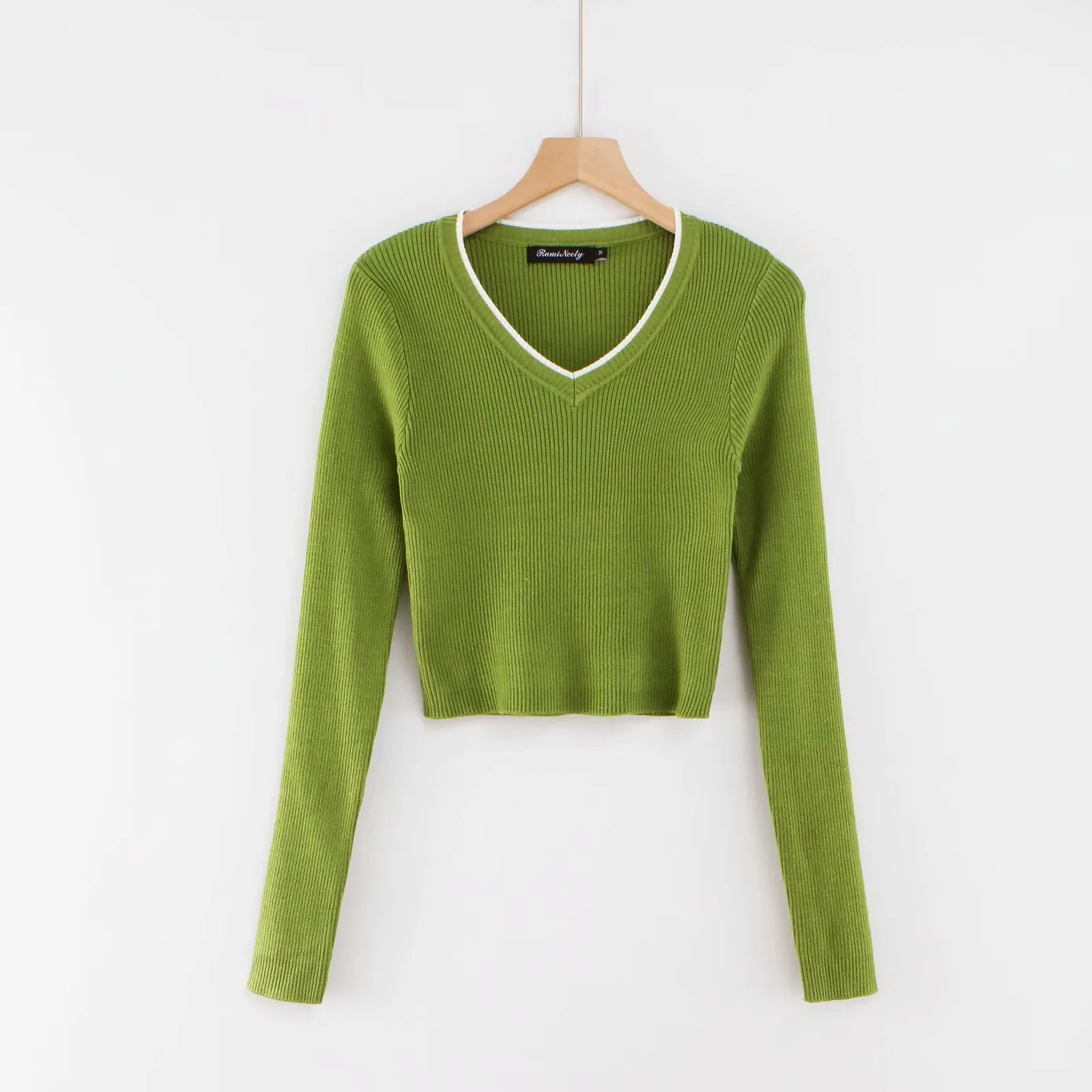 V-Neck Knitted Crop Top with Long Sleeves