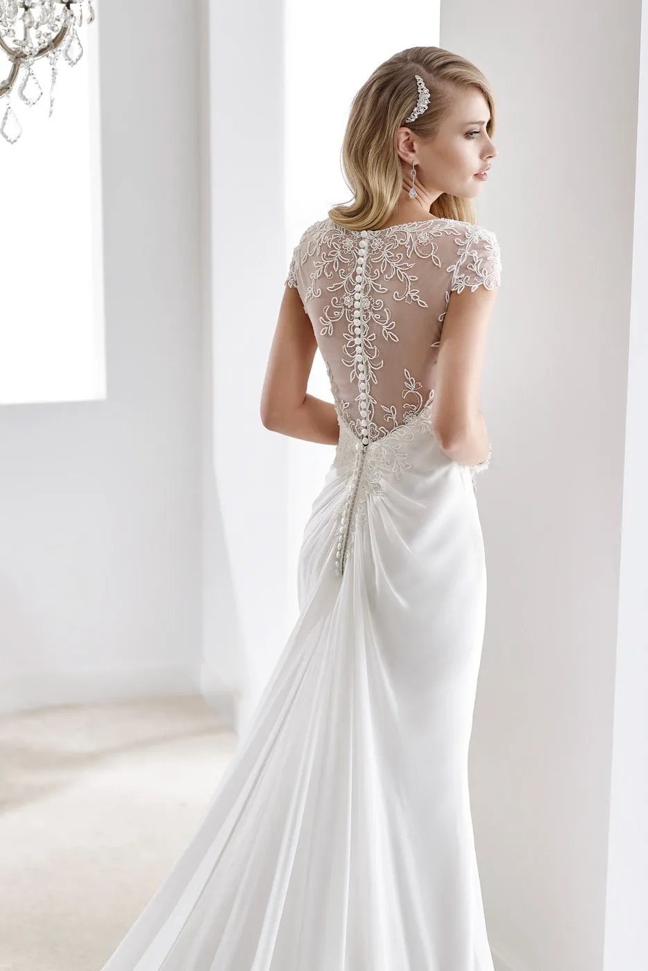 V-Neck Sheath Chiffon Wedding Dress With Bandage Waist And Illusive Sleeves And Back-MK_704787