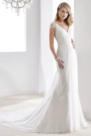 V-Neck Sheath Chiffon Wedding Dress With Bandage Waist And Illusive Sleeves And Back-MK_704787