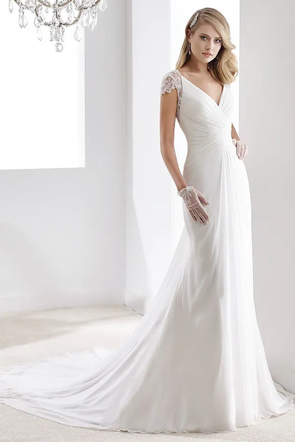 V-Neck Sheath Chiffon Wedding Dress With Bandage Waist And Illusive Sleeves And Back-MK_704787