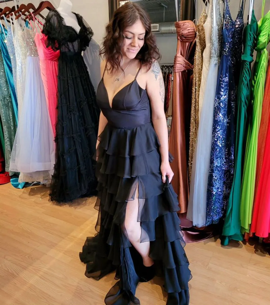 V-Neck Straps Ruffle Chiffon Prom Dresses with Slit