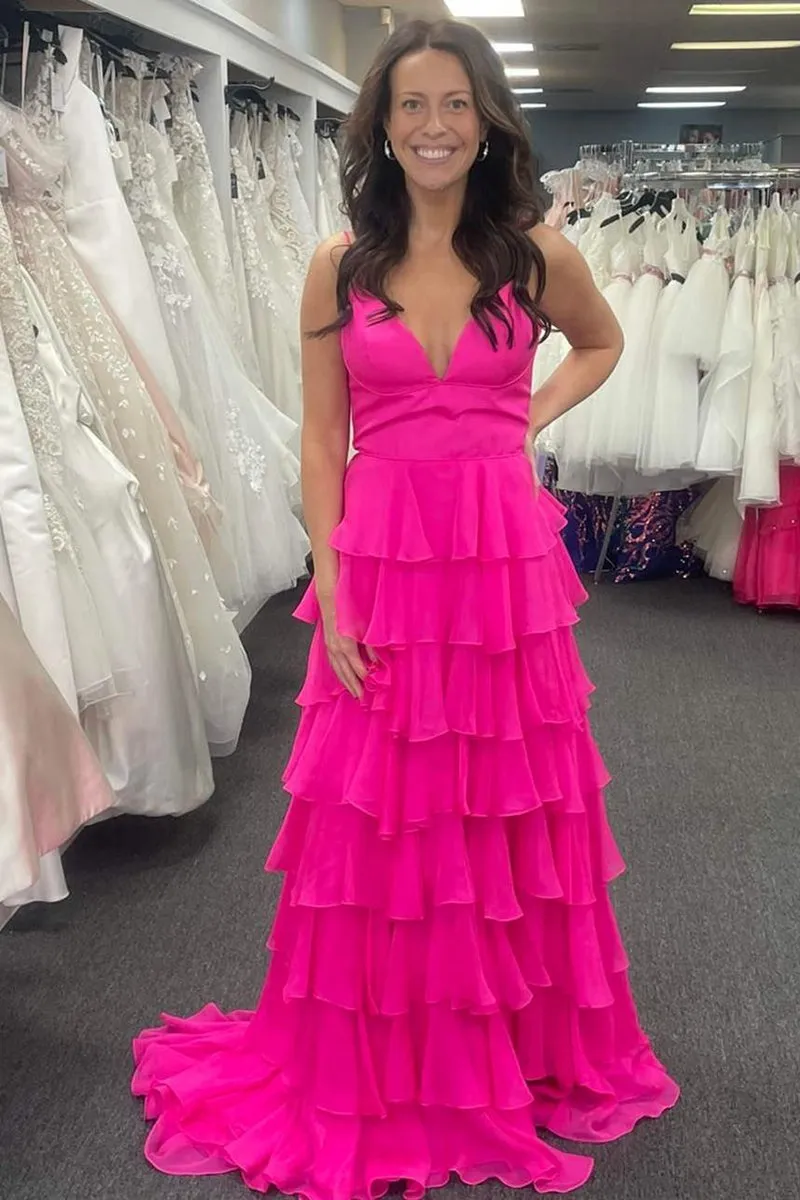 V-Neck Straps Ruffle Chiffon Prom Dresses with Slit