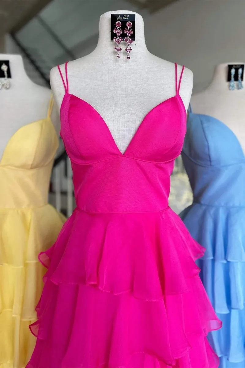 V-Neck Straps Ruffle Chiffon Prom Dresses with Slit