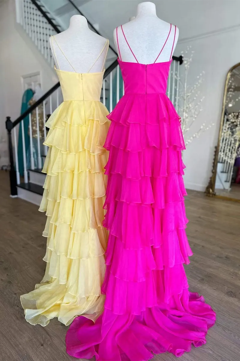 V-Neck Straps Ruffle Chiffon Prom Dresses with Slit