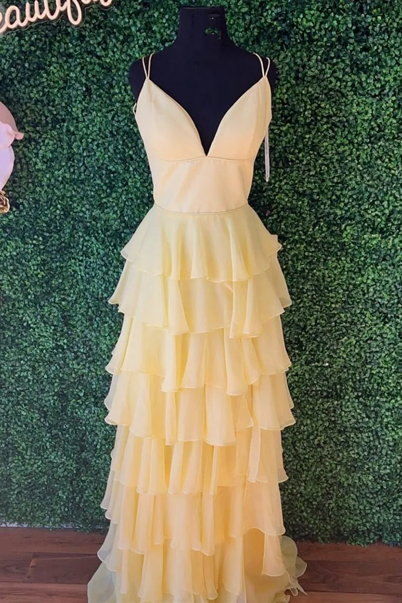 V-Neck Straps Ruffle Chiffon Prom Dresses with Slit
