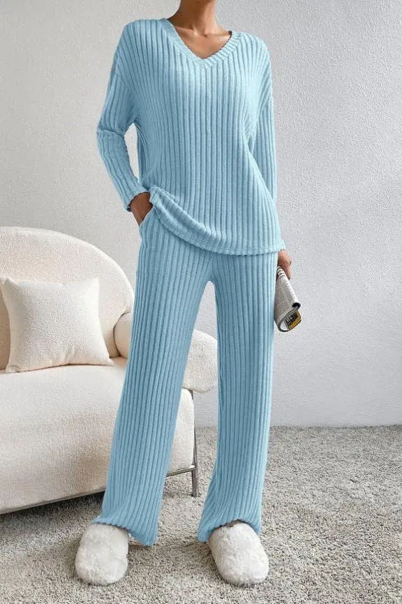 V-neck Striped Knitted Two-piece Suit