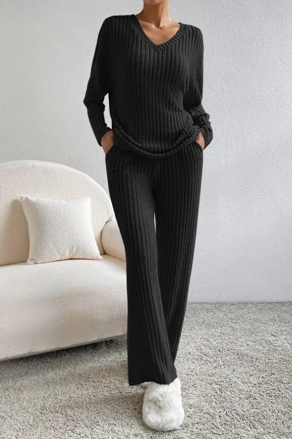 V-neck Striped Knitted Two-piece Suit