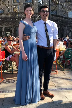 V-neckline Blue Long Bridesmaid Dress Floor Length vestido de festa de casamento