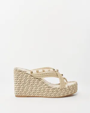 Valentino Beige Metallic Jute Rockstud Espadrille Wedge Sandals - 39
