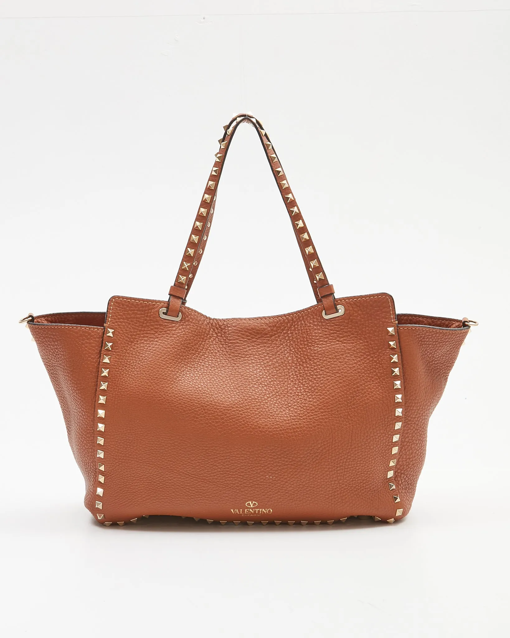 Valentino Tan Grained Leather Rockstud Medium Tote Bag