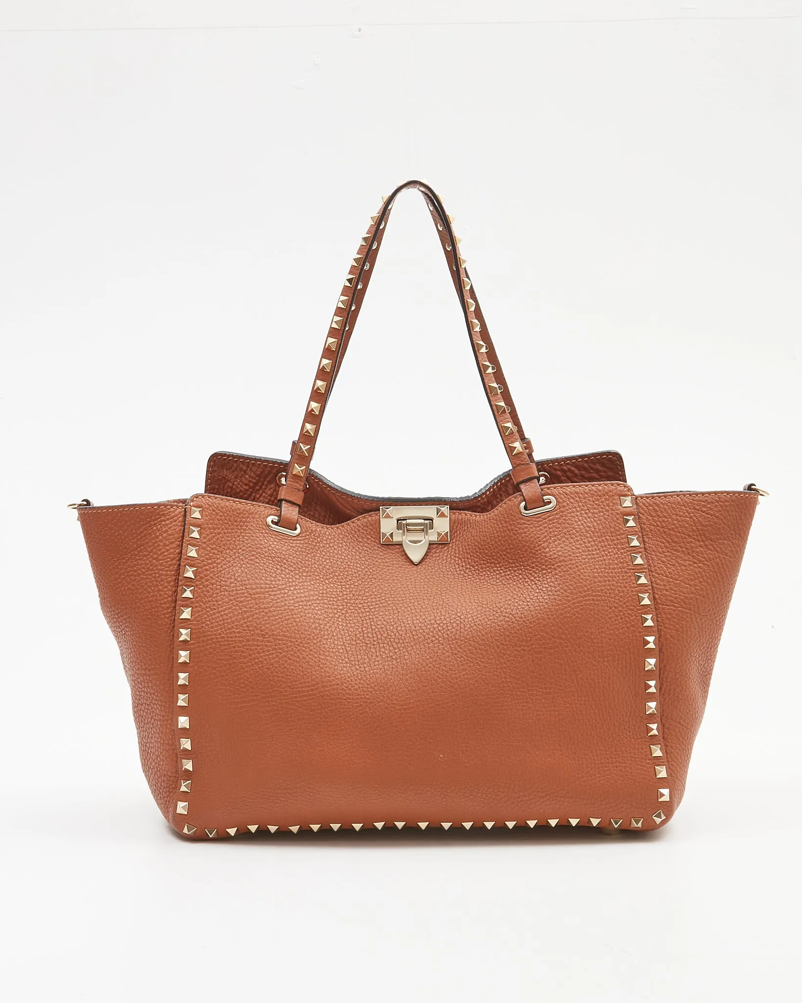 Valentino Tan Grained Leather Rockstud Medium Tote Bag