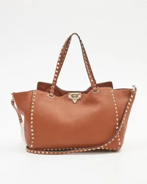 Valentino Tan Grained Leather Rockstud Medium Tote Bag