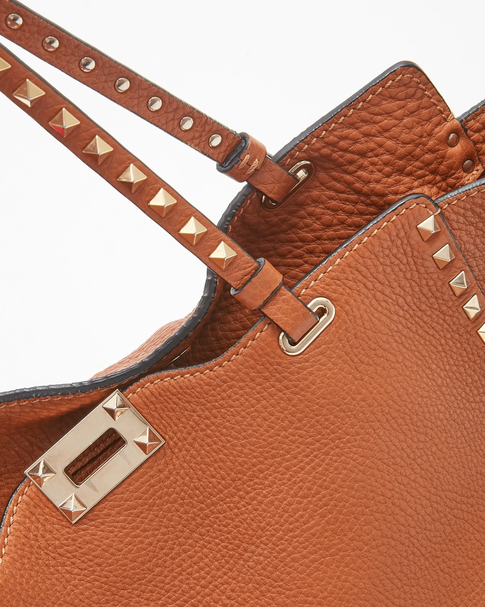 Valentino Tan Grained Leather Rockstud Medium Tote Bag