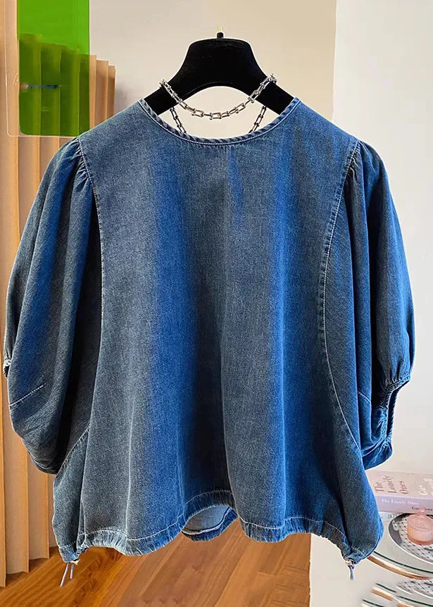 Vintage Denim Blue Patchwork Tie Lace Tops Summer TR004