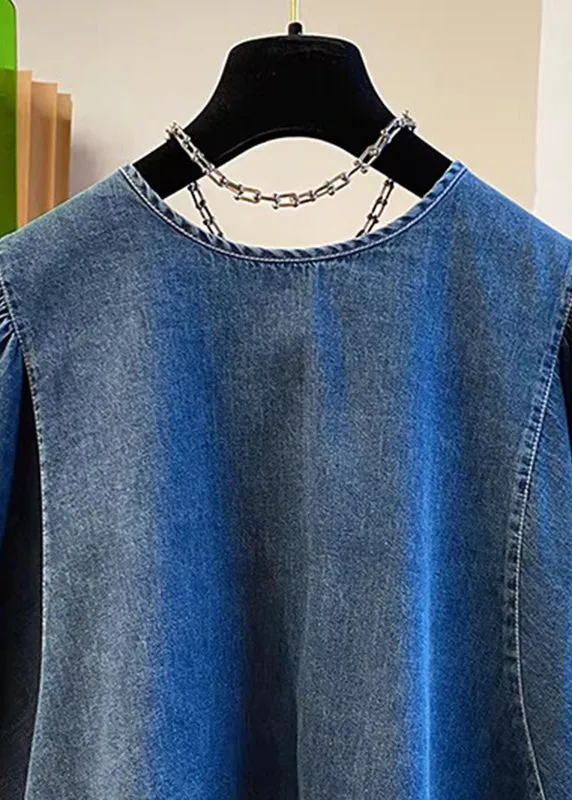 Vintage Denim Blue Patchwork Tie Lace Tops Summer TR004