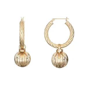 Vintage Fluted Gold Hoop Earrings Ball Drops 14k Yellow Gold Long 1.75" Jewelry