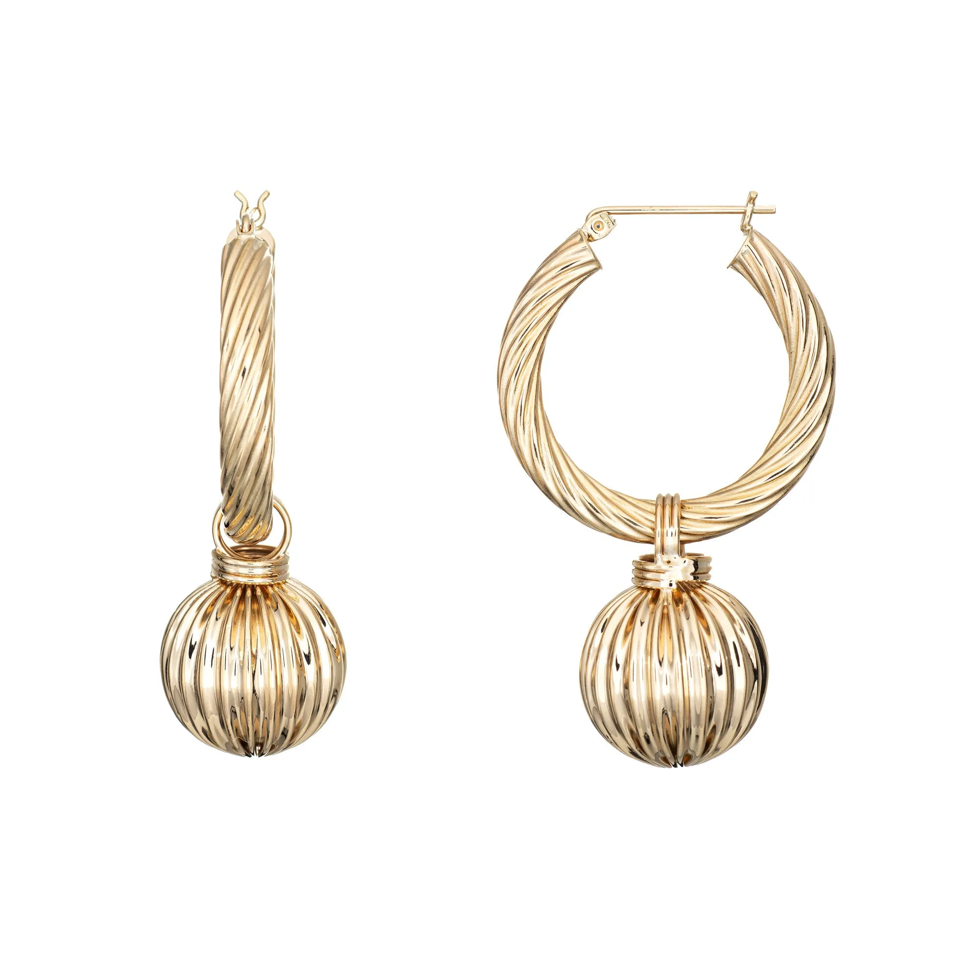 Vintage Fluted Gold Hoop Earrings Ball Drops 14k Yellow Gold Long 1.75" Jewelry