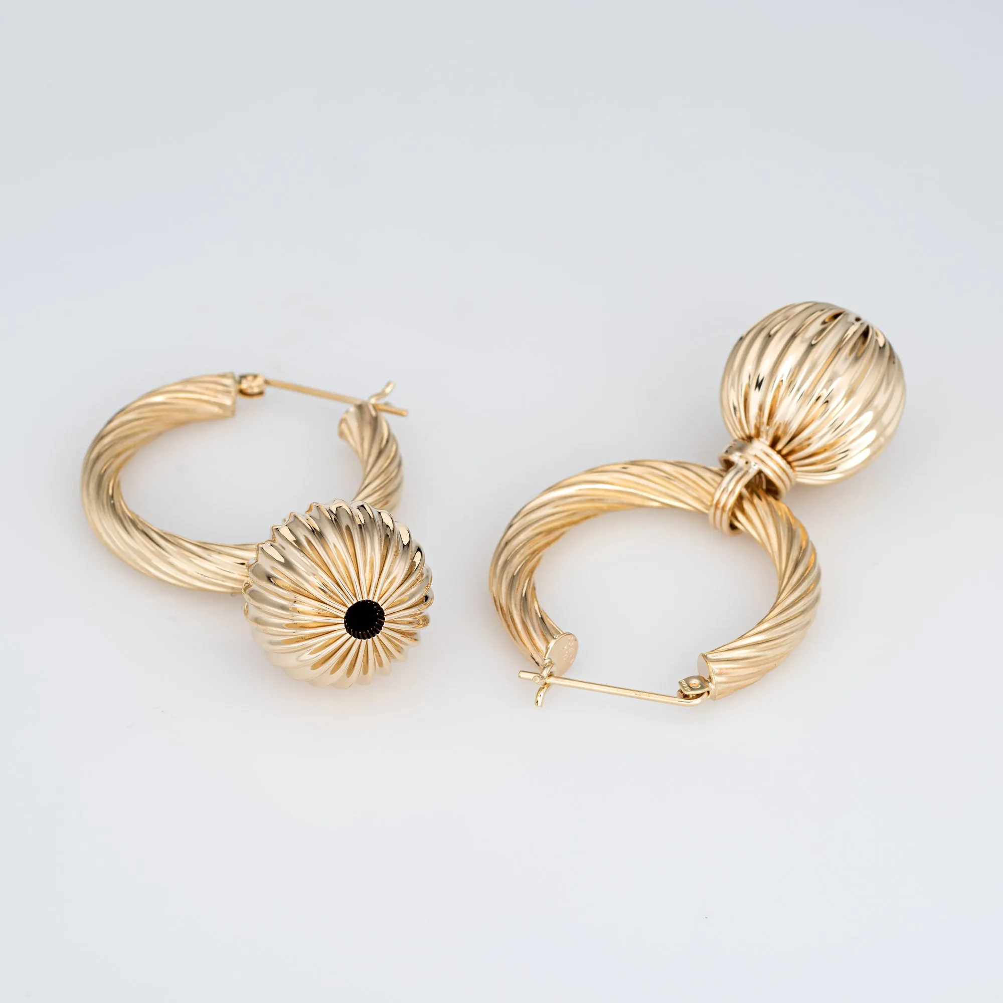 Vintage Fluted Gold Hoop Earrings Ball Drops 14k Yellow Gold Long 1.75" Jewelry