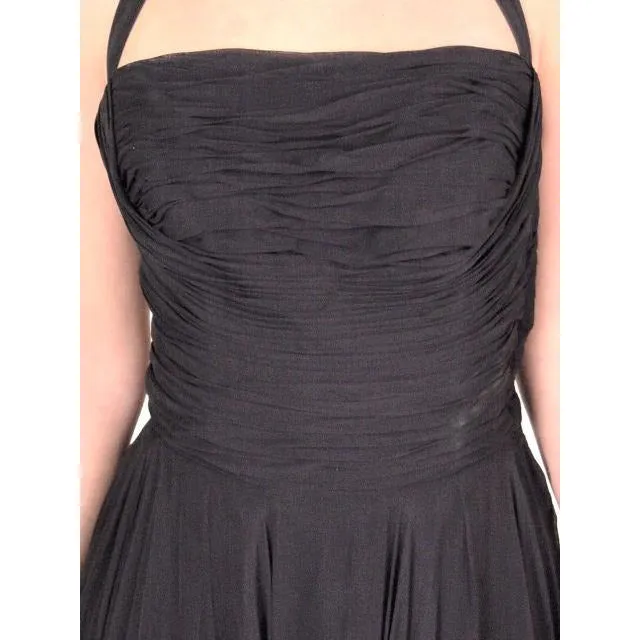 Vintage Formal Evening Gown Black Silk Chiffon Halter Lee Claire 1940S 32-24-Free