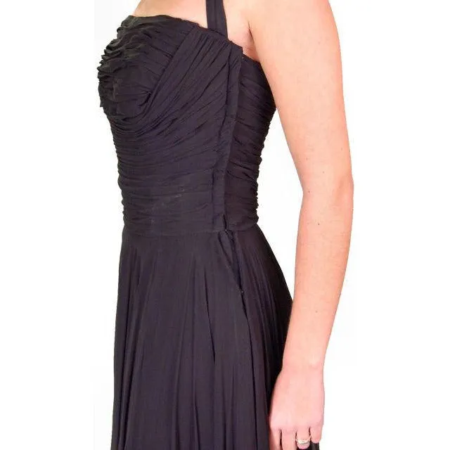 Vintage Formal Evening Gown Black Silk Chiffon Halter Lee Claire 1940S 32-24-Free