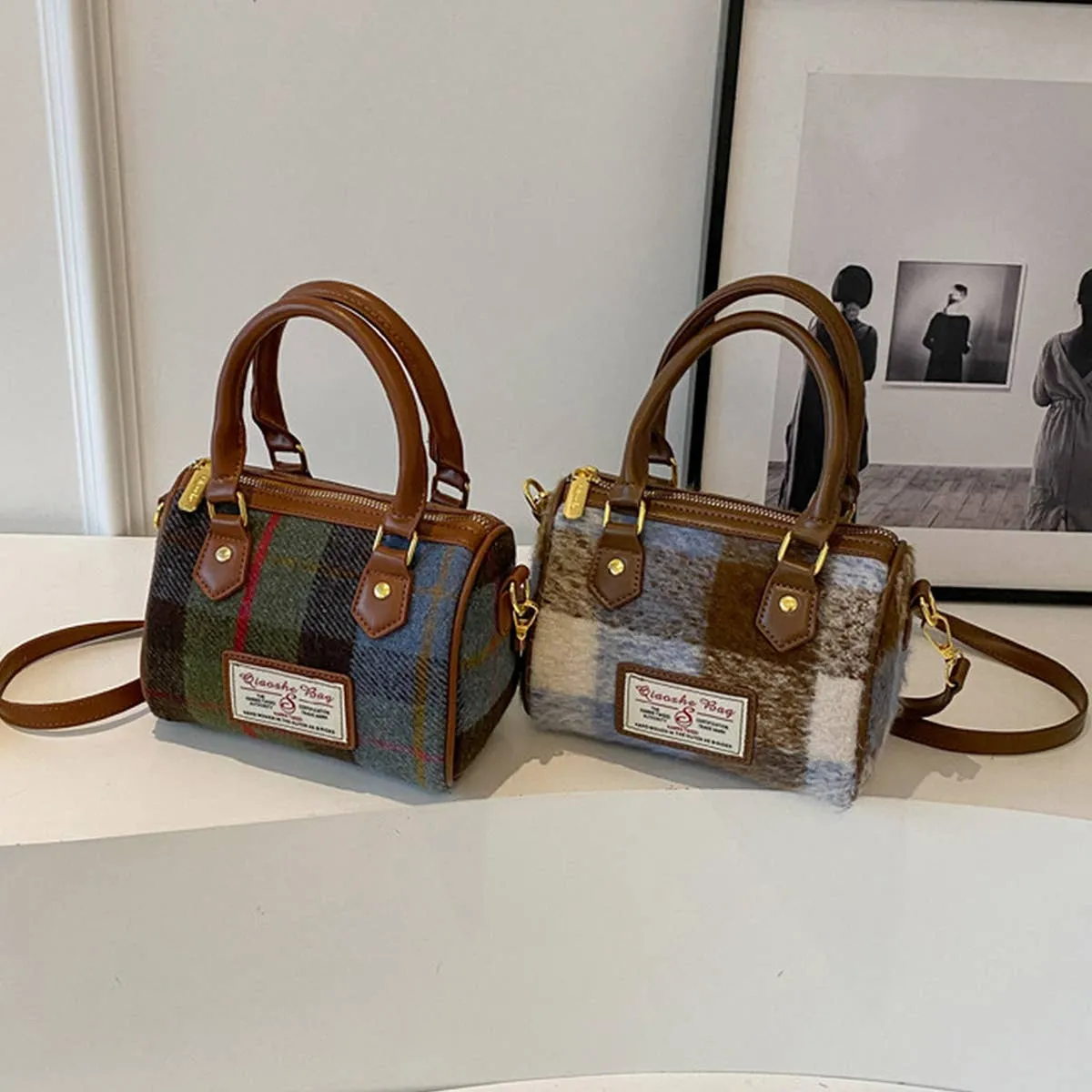 VINTAGE PLAID CASUAL SHOULDER BAG_CWAB1550: Green / (OS) 1