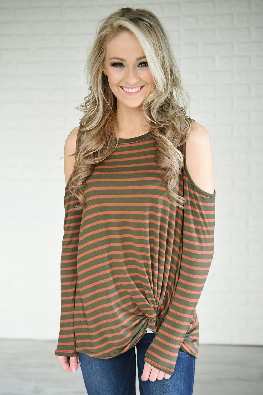 Walk This Way Cold Shoulder Knot Top ~ Burnt Orange & Olive