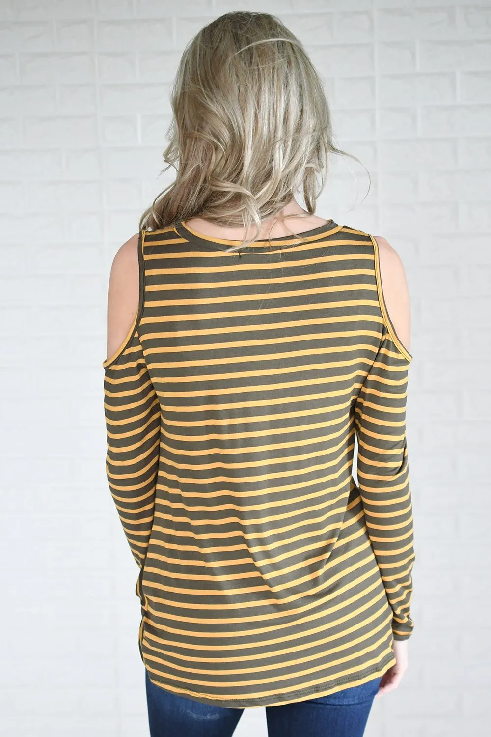 Walk This Way Cold Shoulder Knot Top ~ Olive & Mustard