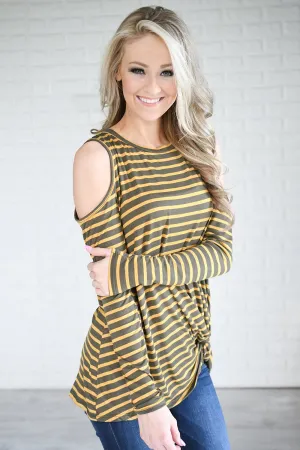 Walk This Way Cold Shoulder Knot Top ~ Olive & Mustard