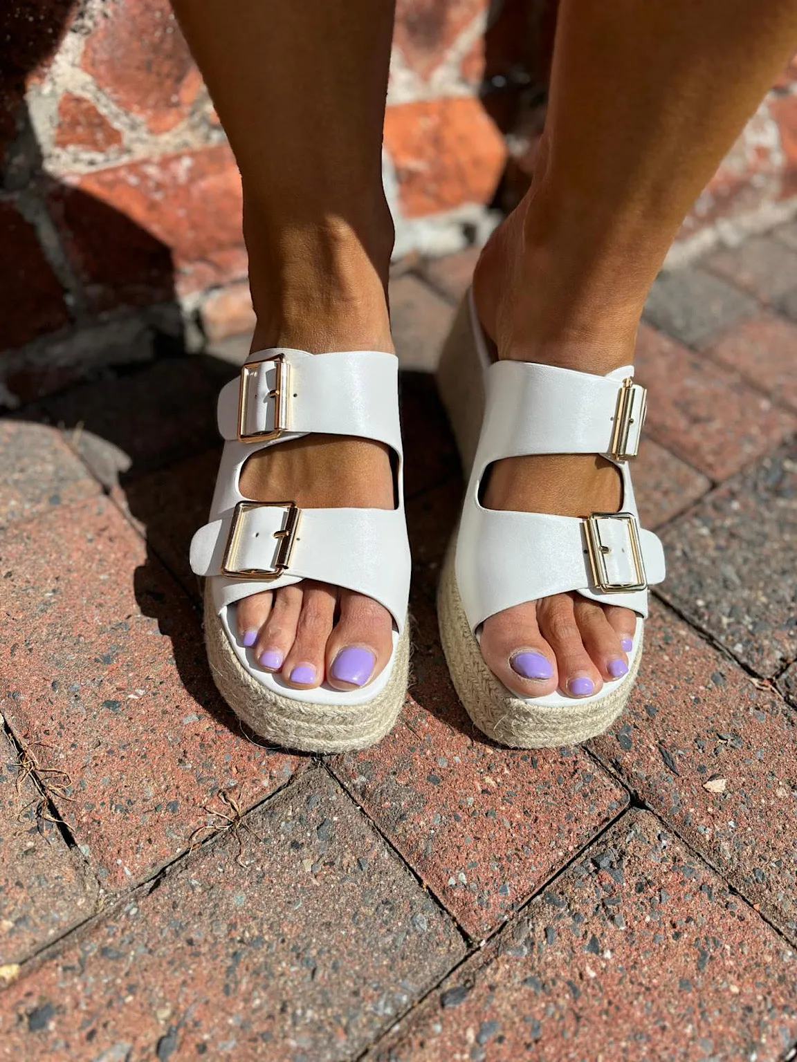 White Buckle Platform Espadrille Wedge