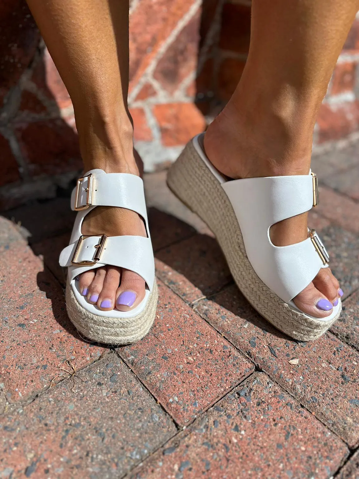 White Buckle Platform Espadrille Wedge