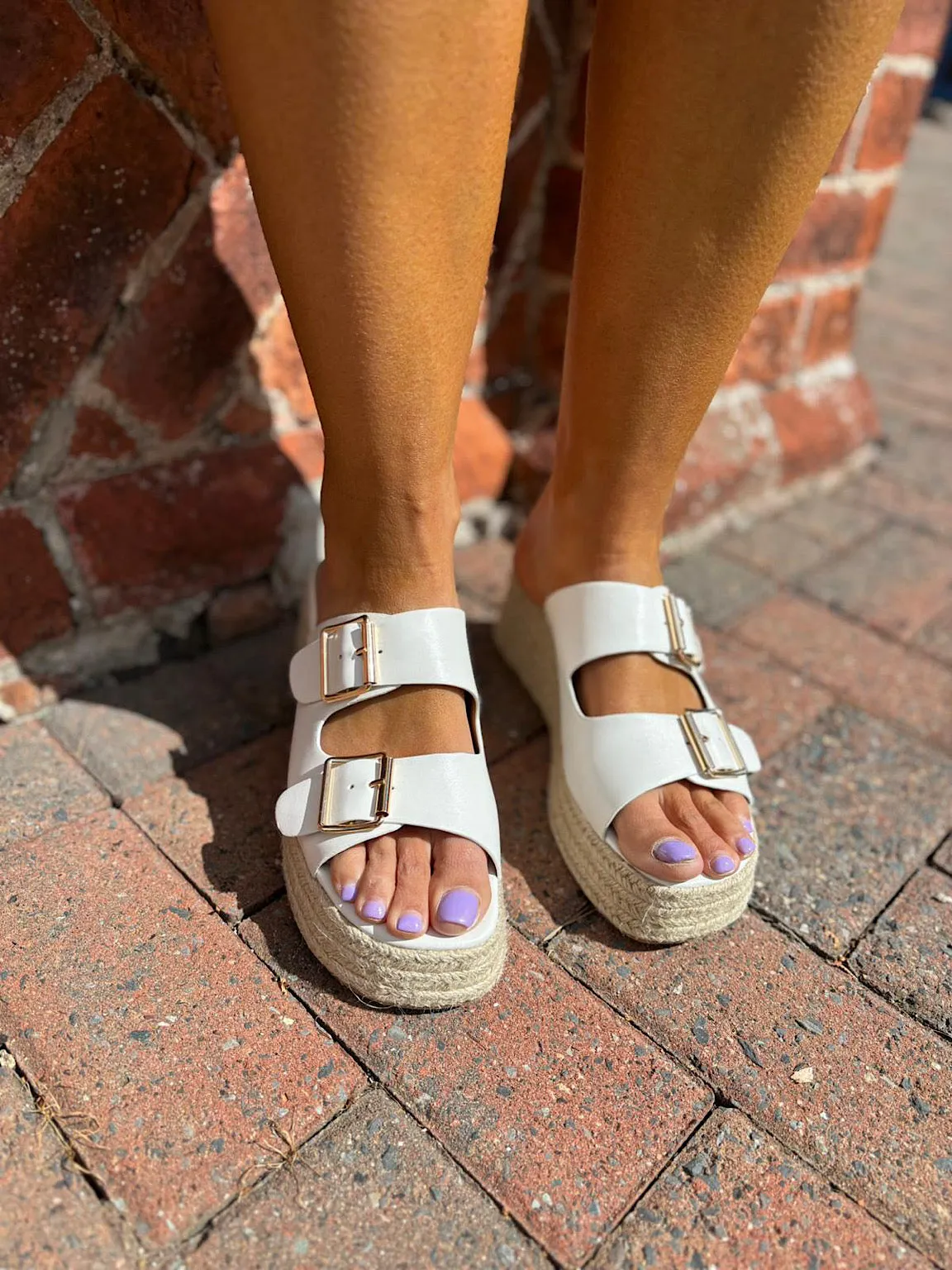 White Buckle Platform Espadrille Wedge