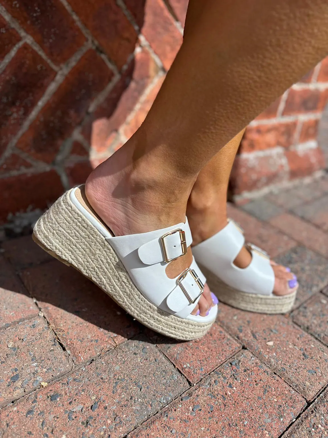 White Buckle Platform Espadrille Wedge