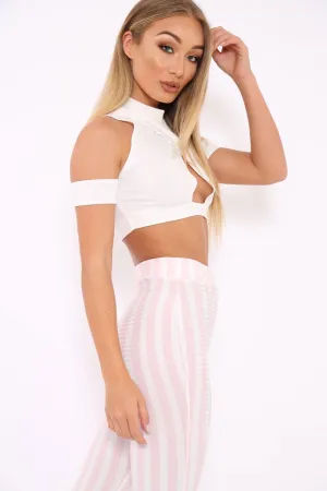 White Cross Front Cold Shoulder Crop Top - Kenzli