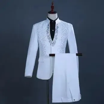 White Embroidered Diamond Suit Men Wedding Groom Tuxedo Suits Mens Stand Collar Prom Stage Costume Mens Suits with Pants Ternos