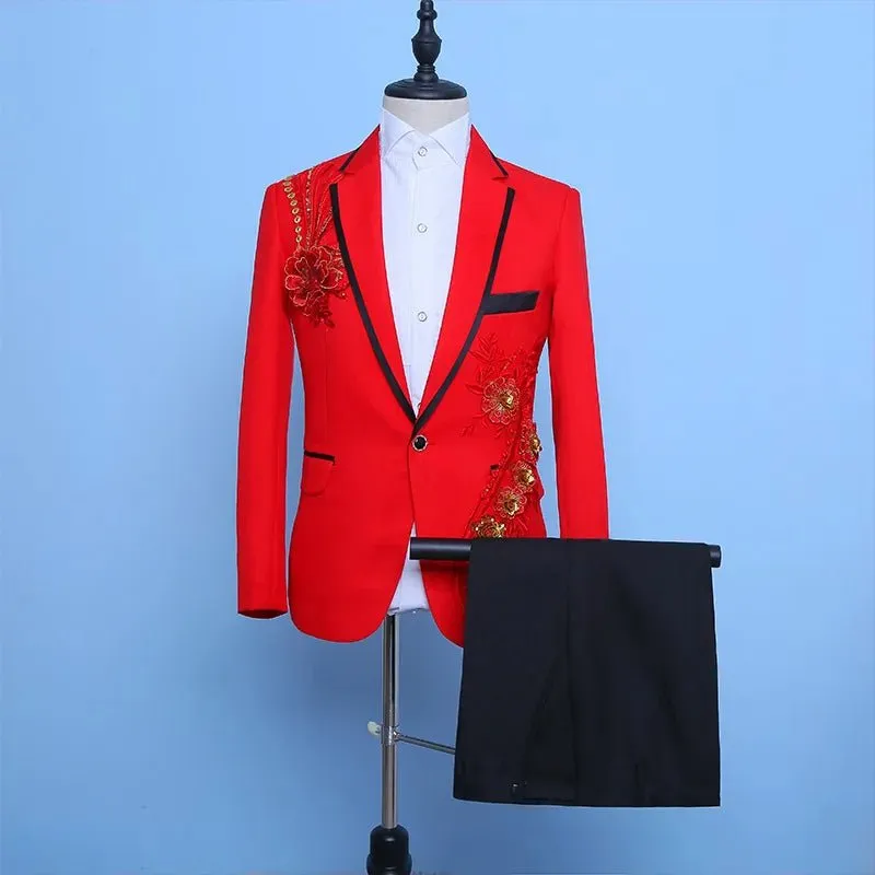 White Embroidered Diamond Suit Men Wedding Groom Tuxedo Suits Mens Stand Collar Prom Stage Costume Mens Suits with Pants Ternos