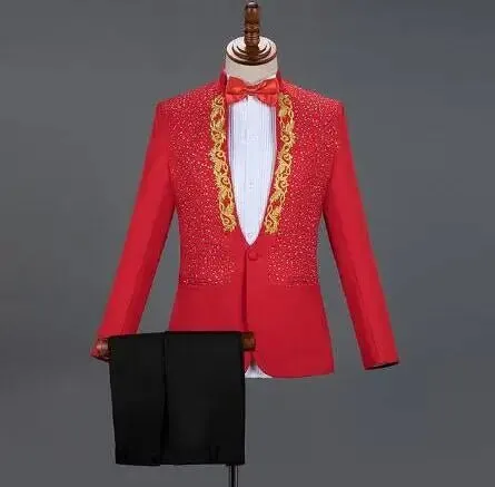 White Embroidered Diamond Suit Men Wedding Groom Tuxedo Suits Mens Stand Collar Prom Stage Costume Mens Suits with Pants Ternos